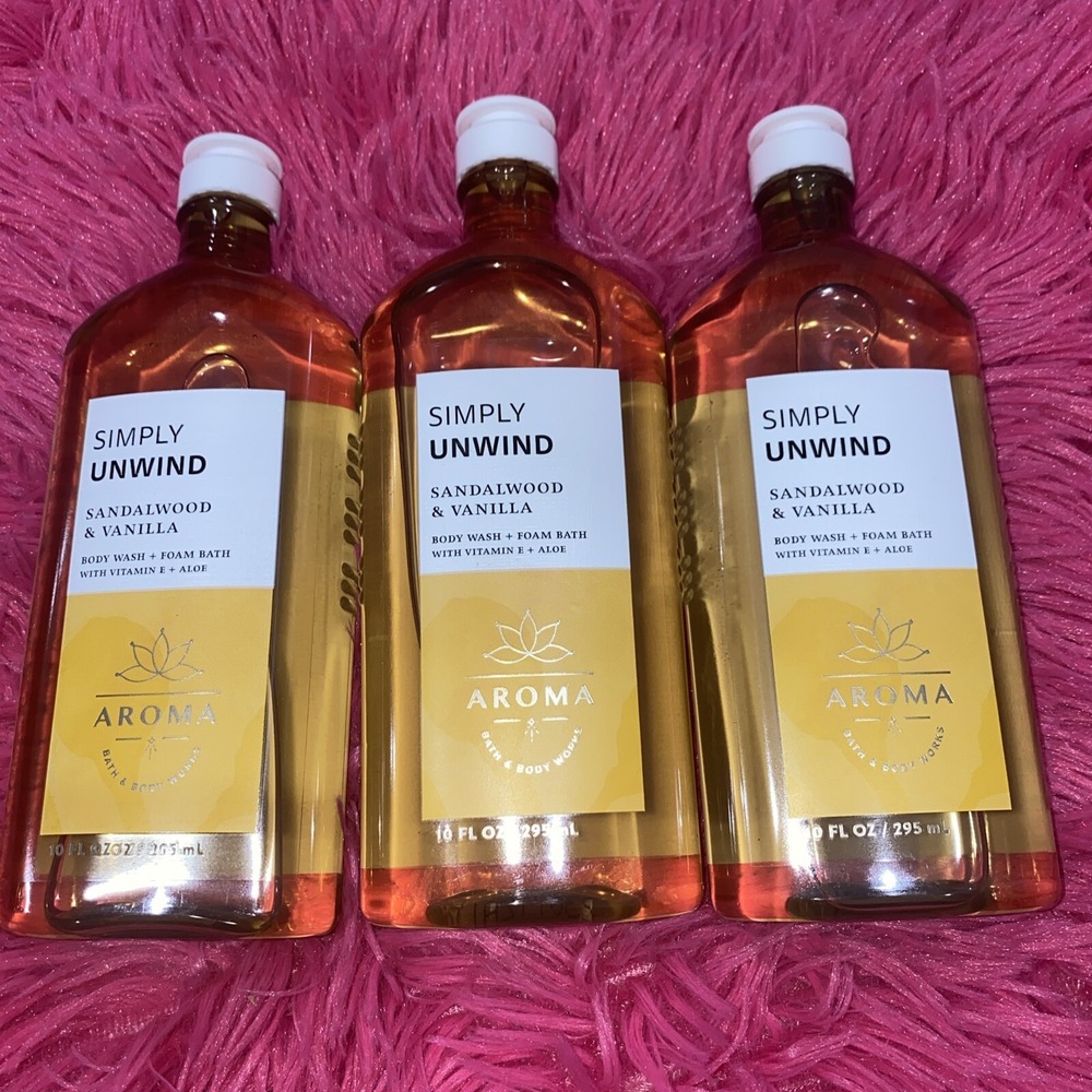 BATH & BODY WORKS SIMPLY UNWIND‎ SANDALWOOD & VANILLA BODY WASH & FOAM BATH 3x